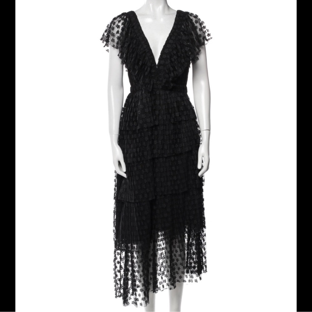 Sandro Bianca Asymmetrical Tiered Ruffle Black Lace Maxi Dress size 0/ 34
